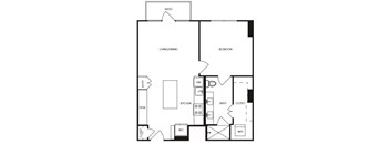 A black and white floor plan of a house with a living room, dining room, kitchen, bedroom, bathroom, and closet.