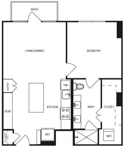 A black and white floor plan of a house with a living room, dining room, kitchen, bedroom, bathroom, and closet.