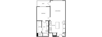 A black and white floor plan of a house with a living/dining area, kitchen, bathroom, and bedroom.