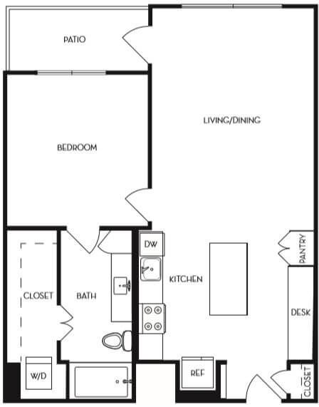 A black and white floor plan of a house with a living/dining area, kitchen, bathroom, and bedroom.