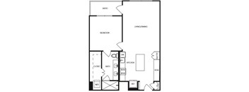 A floor plan of a house with a patio, living/dining area, kitchen, bathroom, bedroom, and closet.