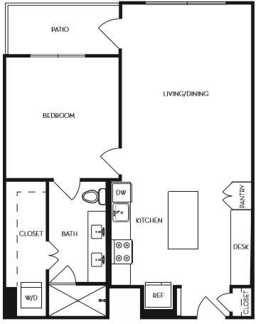 A floor plan of a house with a patio, living/dining area, kitchen, bathroom, bedroom, and closet.