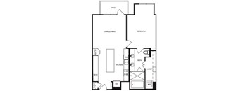 A black and white image of a house floor plan with a living/dining area, kitchen, pantry, bedroom, bathroom, and closet.