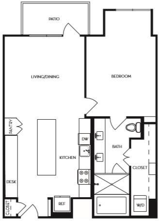 A black and white image of a house floor plan with a living/dining area, kitchen, pantry, bedroom, bathroom, and closet.
