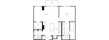 A black and white floor plan of a house with a living area, kitchen, bedrooms, and bathrooms.