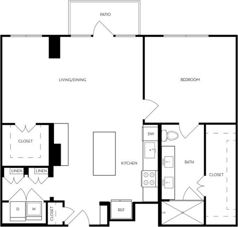 A black and white floor plan of a house with a living area, kitchen, bedrooms, and bathrooms.