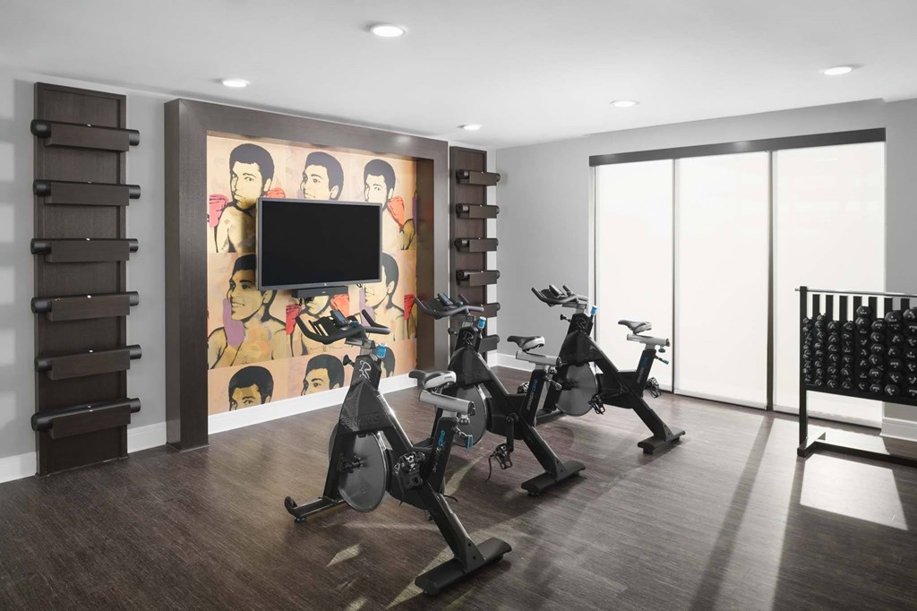 A room with a television, exercise equipment, and a wall mural.