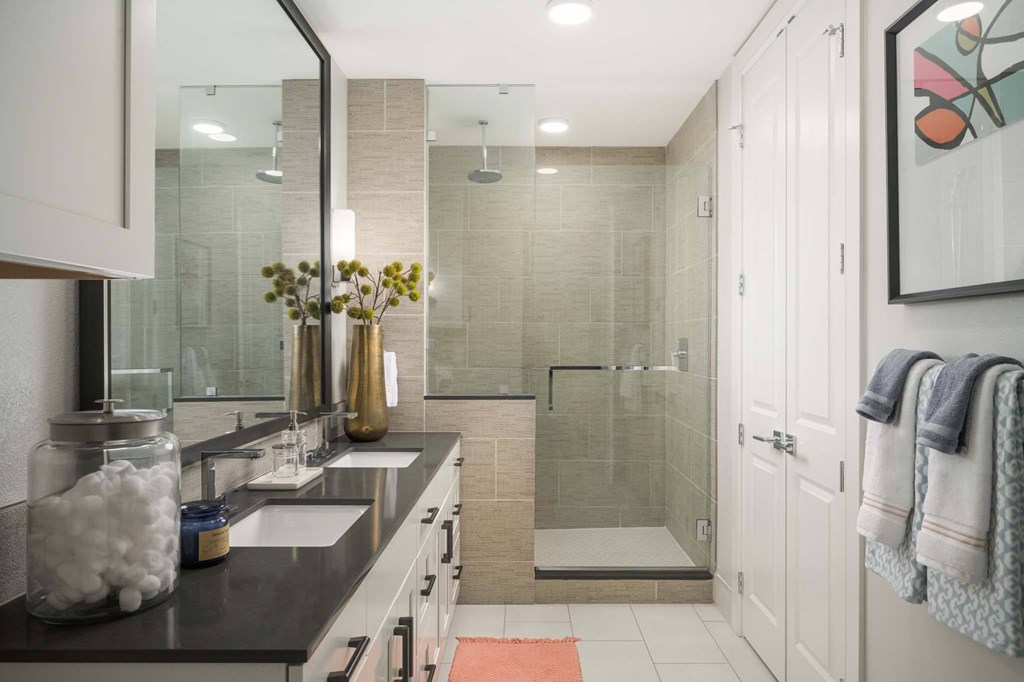 A bathroom with a walk-in shower and a vanity with a mirror.