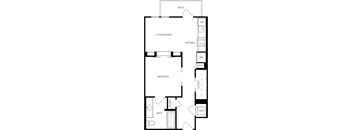 A black and white floor plan of a house with a living room, dining room, kitchen, bedroom, bathroom, and closet.
