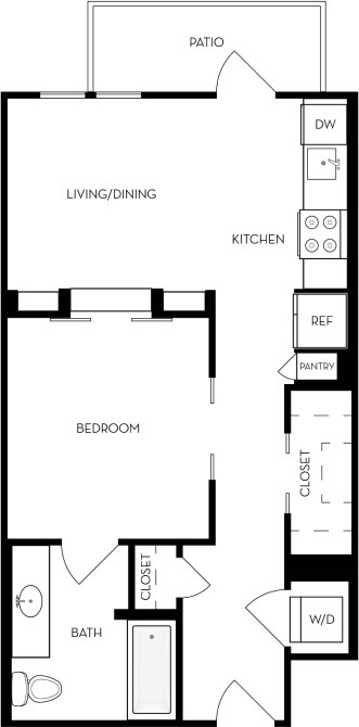 A black and white floor plan of a house with a living room, dining room, kitchen, bedroom, bathroom, and closet.