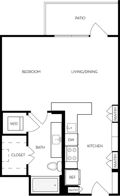 A floor plan of a house with a bedroom, living/dining area, kitchen, bathroom, and pantry.