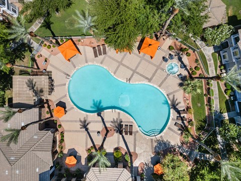 Aerial view of the pool at Artessa apartments in North Glendale.
