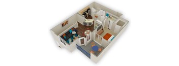 A 3D floor plan of a small apartment with a kitchen, living room, and bedroom.