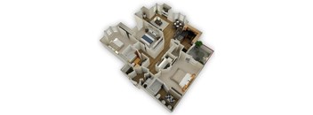 A 3D floor plan of a house with a kitchen, living room, and bathroom.