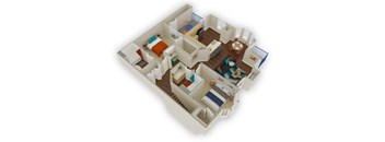 A 3D image of a house layout with two bedrooms, a living room, a kitchen, and a bathroom.