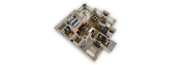 A 3D floor plan of a house with a kitchen, living room, and bedrooms.