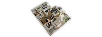 A 3D floor plan of a house with a living room, kitchen, and two bedrooms.