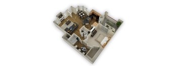 A 3D floor plan of a house with a living room, kitchen, dining room, and bedrooms.