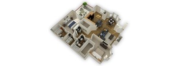 A 3D floor plan of a house with a red line indicating the perimeter.