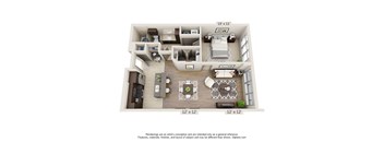 A 3D floor plan of a house with a kitchen, living room, and bedrooms.