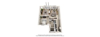 A 3D floor plan of a small apartment with a kitchen, living room, and bedroom.