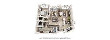 A 3D floor plan of a house with a living room, kitchen, dining room, and two bedrooms.