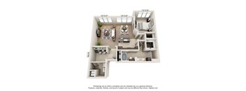 A 3D floor plan of a house with a living room, kitchen, dining room, and bathrooms.