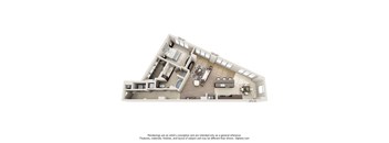 A 3D floor plan of a house with a kitchen, living room, and two bedrooms.