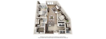 A 3D floor plan of a house with a kitchen, living room, dining room, and bedrooms.