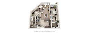 A 3D floor plan of a house with a living room, kitchen, dining room, and bedrooms.
