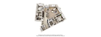 A 3D floor plan of a house with a living room, dining room, kitchen, and two bedrooms.