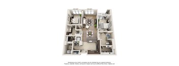 A 3D floor plan of a house with a living room, dining room, kitchen, and two bedrooms.