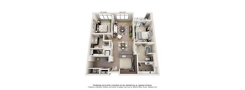 A 3D floor plan of a house with a living room, dining room, kitchen, and two bedrooms.