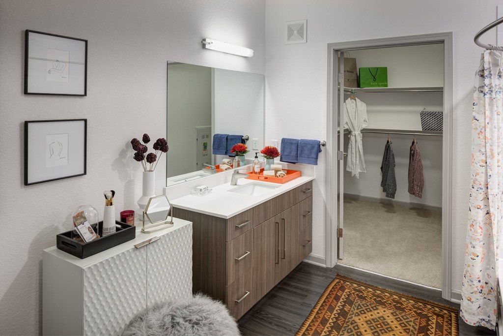 A bathroom with a white sink and a mirror above it.