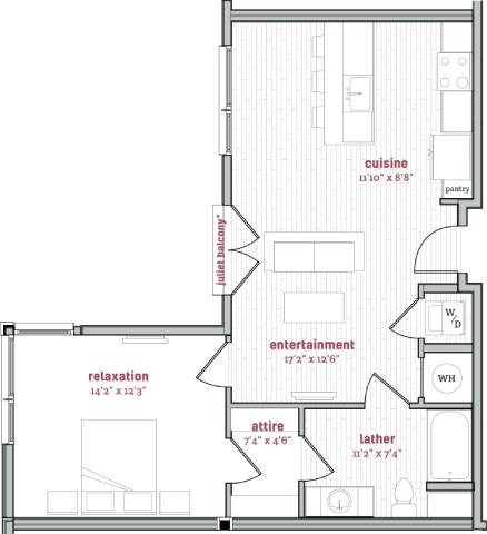 A floor plan of a house with labeled rooms such as cuisine, relaxation, and attire.