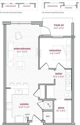 A floor plan of a living space with labeled rooms such as entertainment, relaxation, and cuisine.