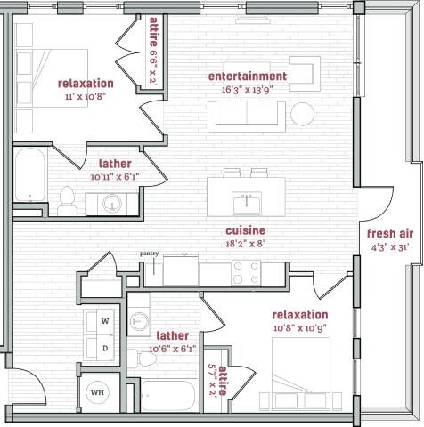 A floor plan of a house with labeled rooms such as entertainment, cuisine, and relaxation.