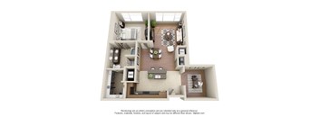 A 3D floor plan of a house with a living room, dining room, kitchen, and two bedrooms.