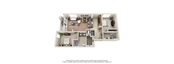 A 3D floor plan of a house with a kitchen, living room, and bathroom.