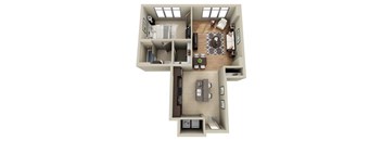 A top down view of a living room, kitchen, and dining area.