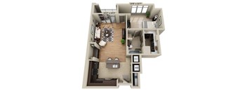 A floor plan of a two-bedroom apartment with a living room, kitchen, and bathroom.
