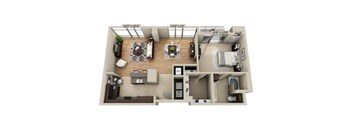 A floor plan of a house with a living room, dining room, kitchen, and two bedrooms.