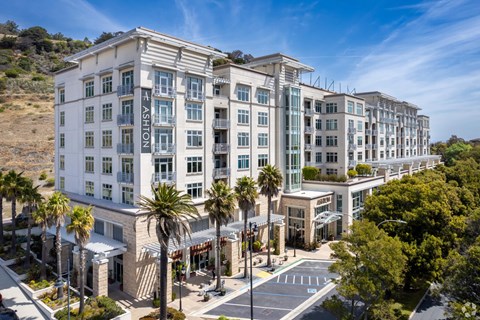 A large white building with the word "ASHON" on the side is surrounded by palm trees.