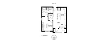 A black and white floor plan of a unit labeled "Unit A1" with a living area, kitchen, bathroom, and bedroom.