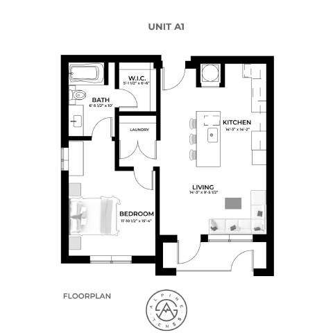 A black and white floor plan of a unit labeled "Unit A1" with a living area, kitchen, bathroom, and bedroom.