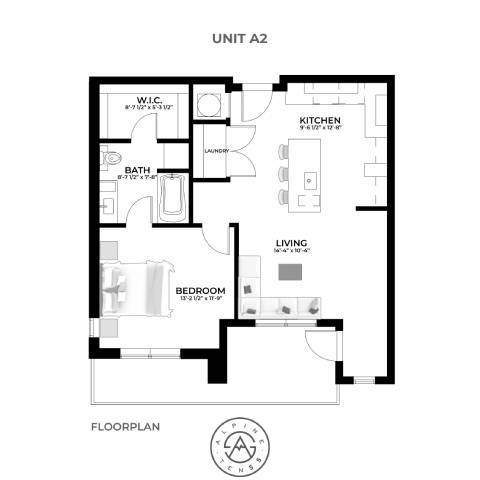 A black and white floor plan of Unit A2 showing a bedroom, bathroom, laundry, and kitchen.
