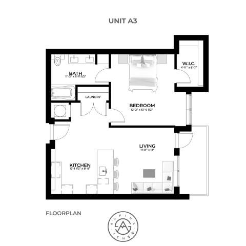 A black and white floor plan of a unit labeled A3.