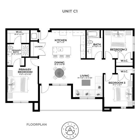 A black and white floor plan of a unit labeled C1.