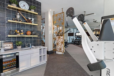 A gym with a treadmill and weights.