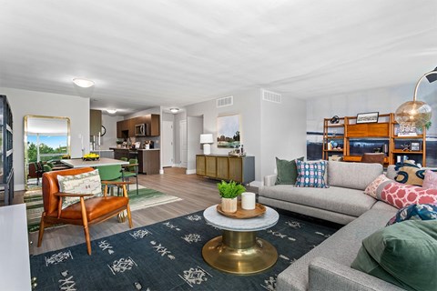 A living room with a grey couch, a wooden chair, and a coffee table with a plant on it.